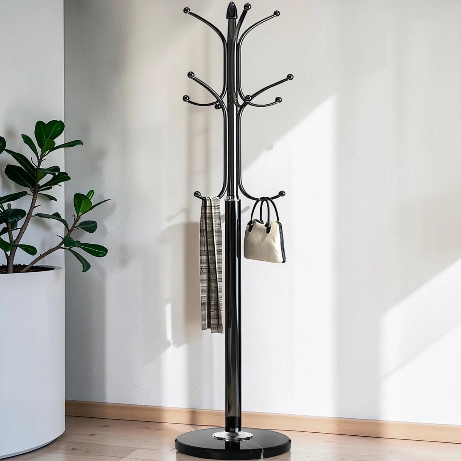 Metal Coat Rack Stand with Marble Base and 12 Hooks 29.12 x 54 x 52 Inches