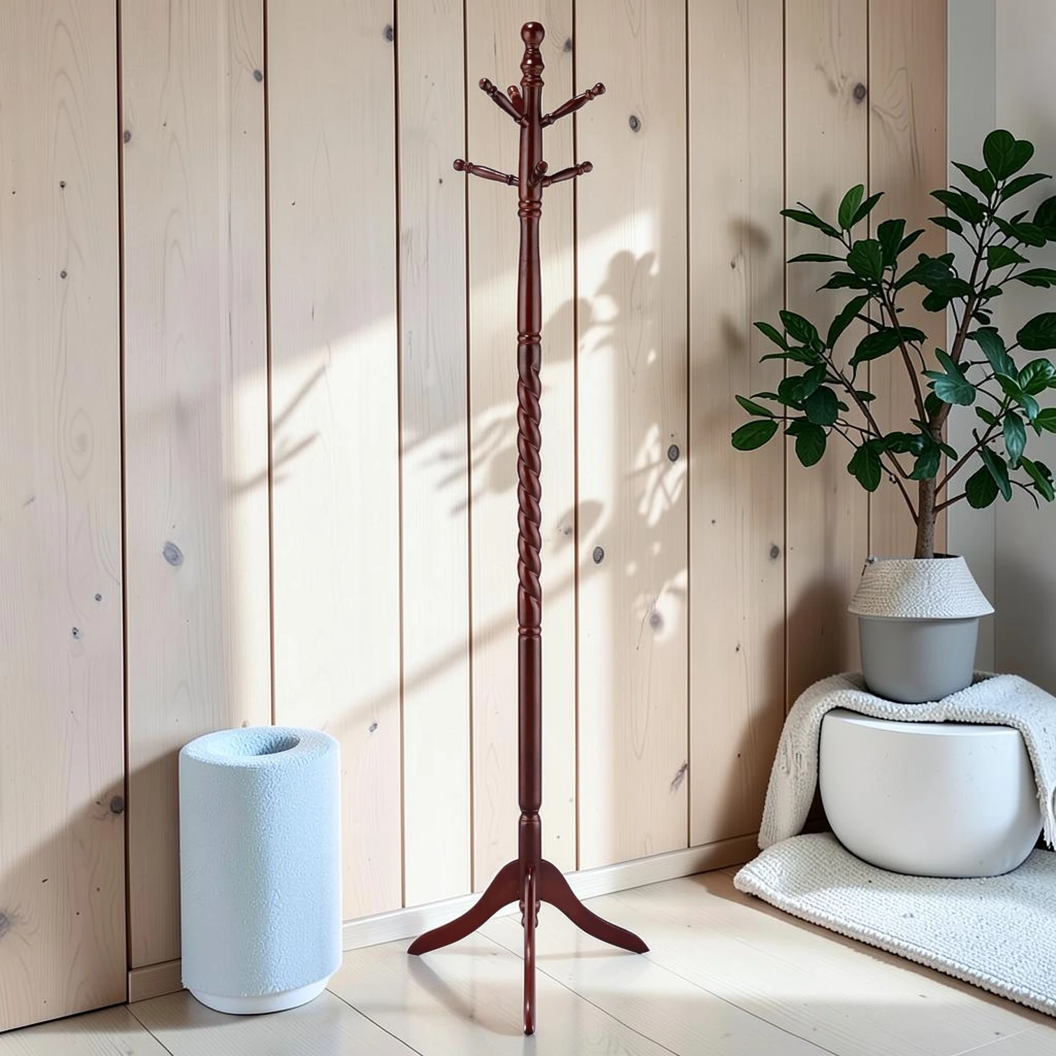Coat Rack, Twisted Post Design, Rubberwood, Traditional Style, 71.5-inch Height