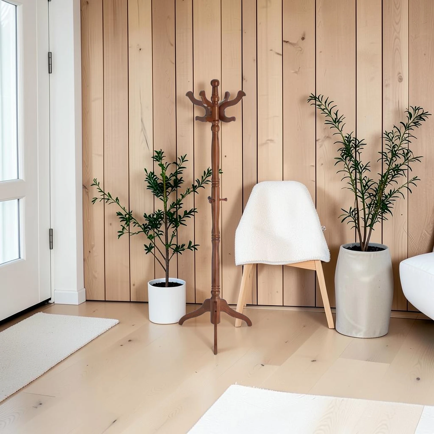 Coat Rack Free Standing with 11 Hooks, Eucalyptus Wood, 68.9-Inch Height, Dark Walnut