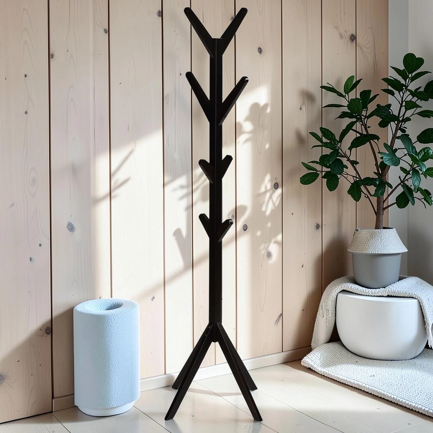 Wooden Coat Rack Tree, Dark Espresso, 8 Hooks, 68.25-inch Height