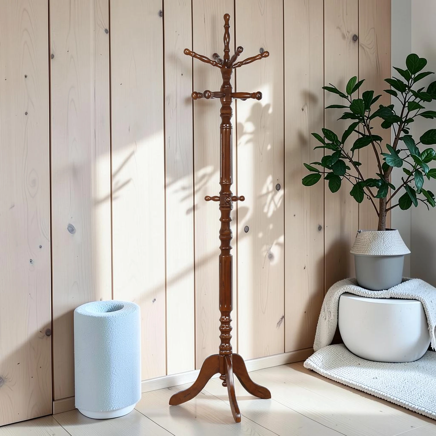 11-Hook Freestanding Coat Rack, Wooden Hall Tree, 17.75" x 17.75" x 71.5"