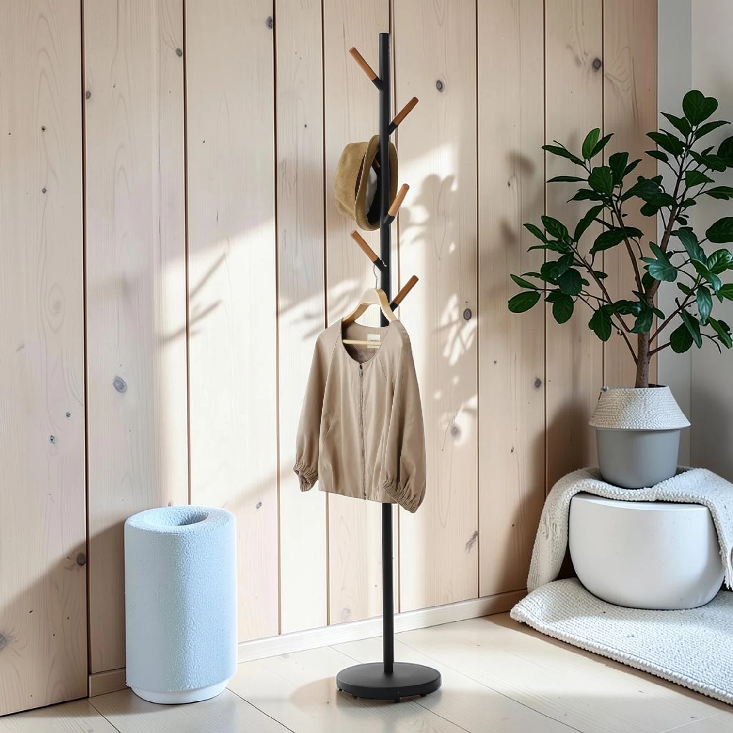 Freestanding Coat Rack, Powder-Coated Steel Stand with Wooden Hooks, 69.69-inch Tall