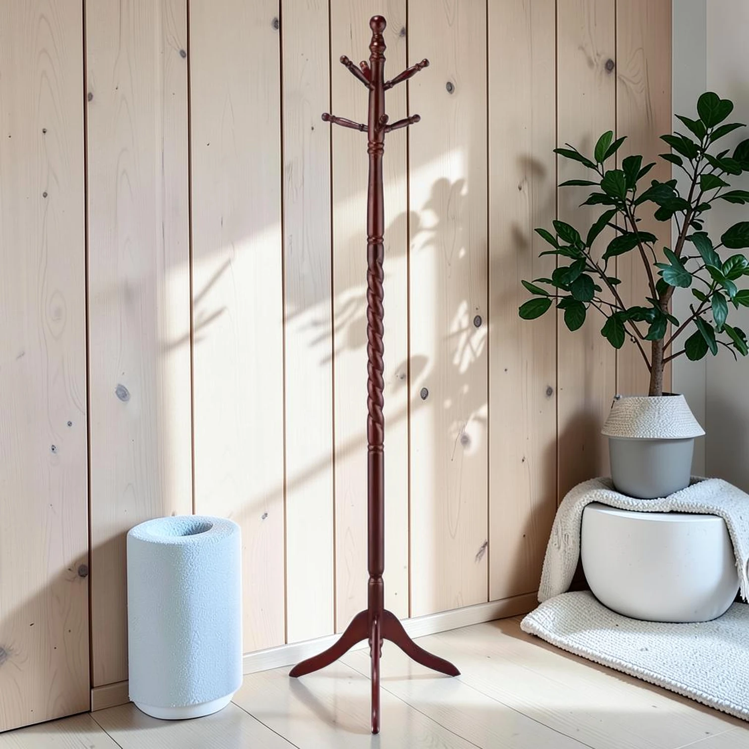 6-Hook Freestanding Wood Coat Rack, Rubberwood with Merlot Finish, 19.5"W x 19.5"D x 71.5"H