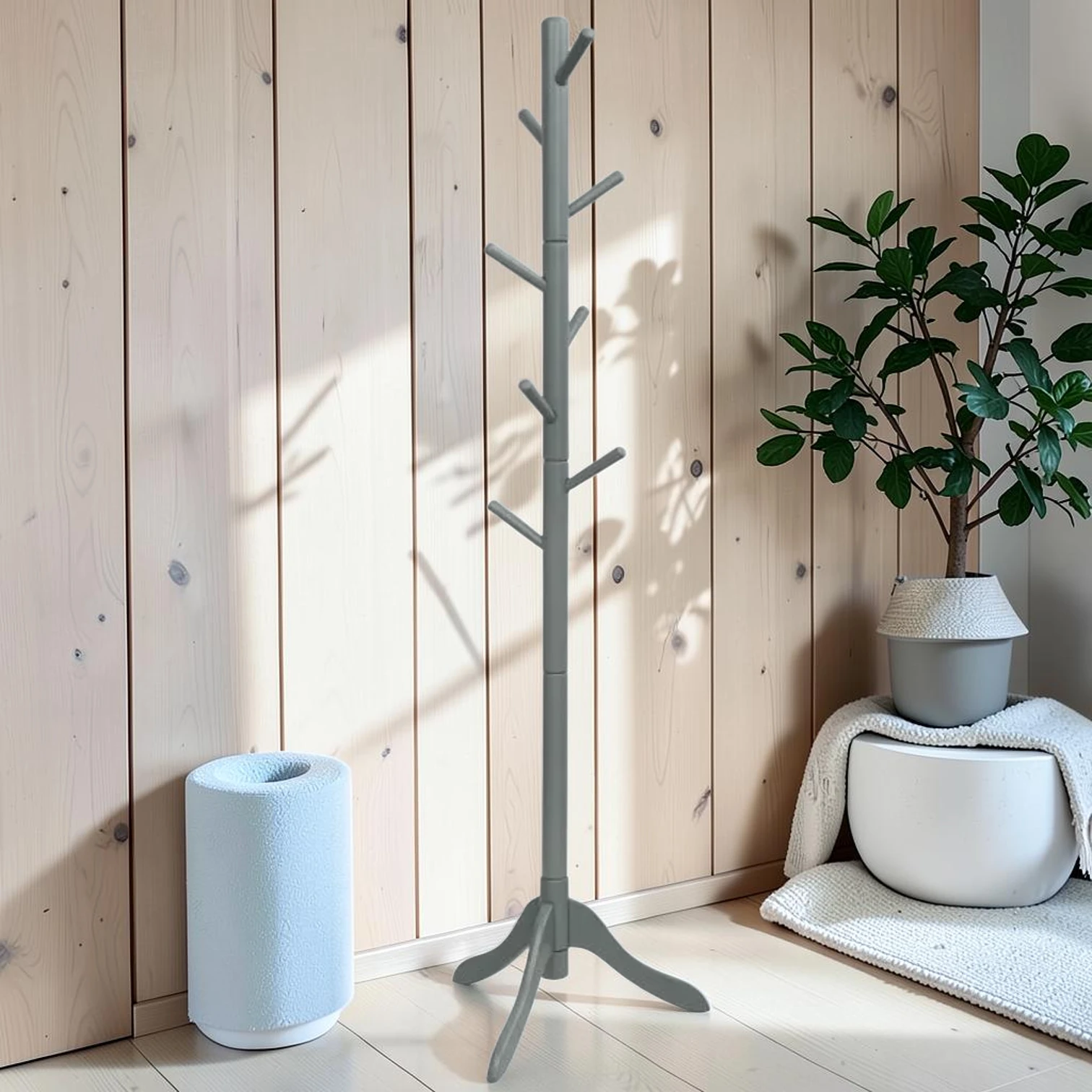 Adjustable Wooden Tree Coat Rack, Rubber Wood, 8 Hooks, Gray, 69-Inch Max Height