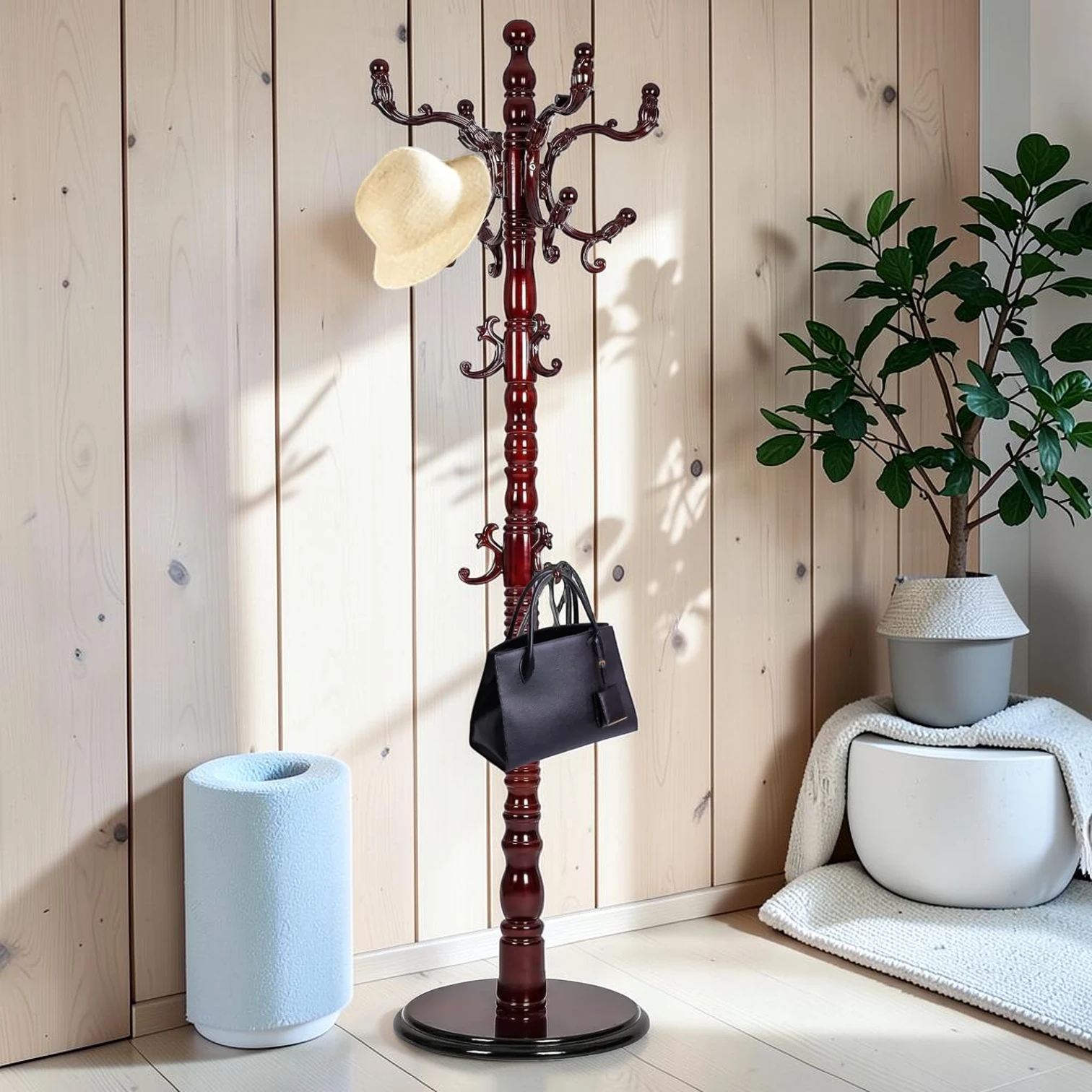 Freestanding Coat Rack, Birch Wood and MDF Base, 14 Hooks, 72.8 Inch Height