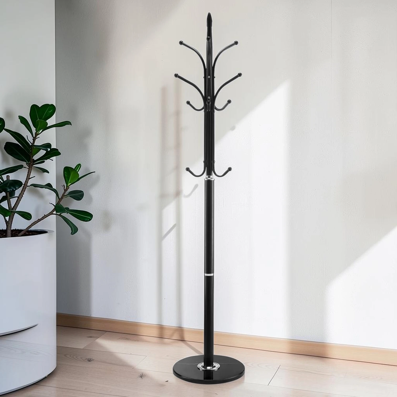 Freestanding Coat Rack, Carbon Steel Stand with Marble Base, 6-Hook Entryway Organizer