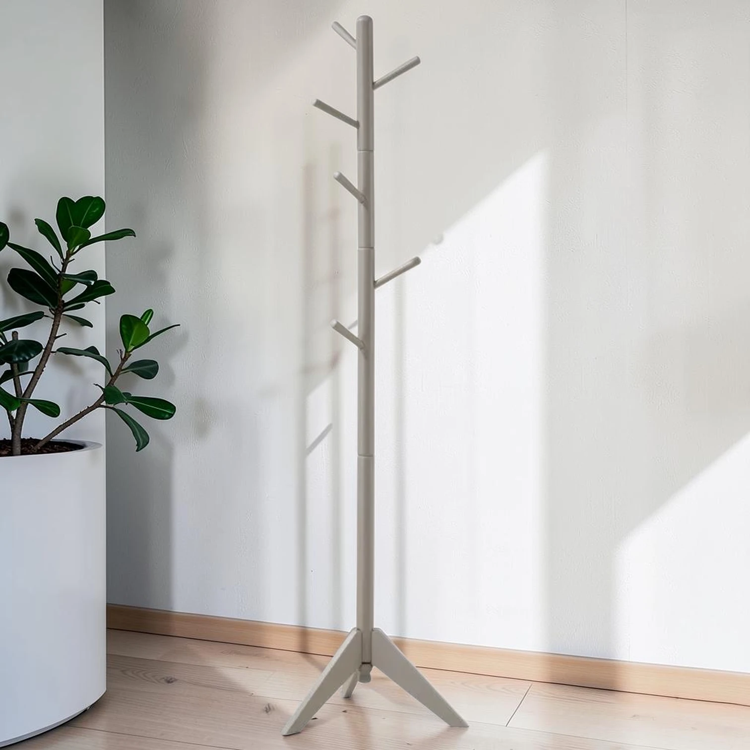 6-Hook Freestanding Wood Coat Rack, Rubberwood Construction, 19.0"W x 19.0"D x 71.75"H