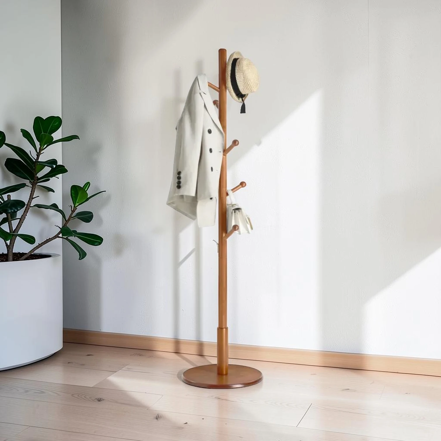 Solid Wood Coat Rack, Adjustable Freestanding Stand, Rubberwood and MDF, 67.6 Inches
