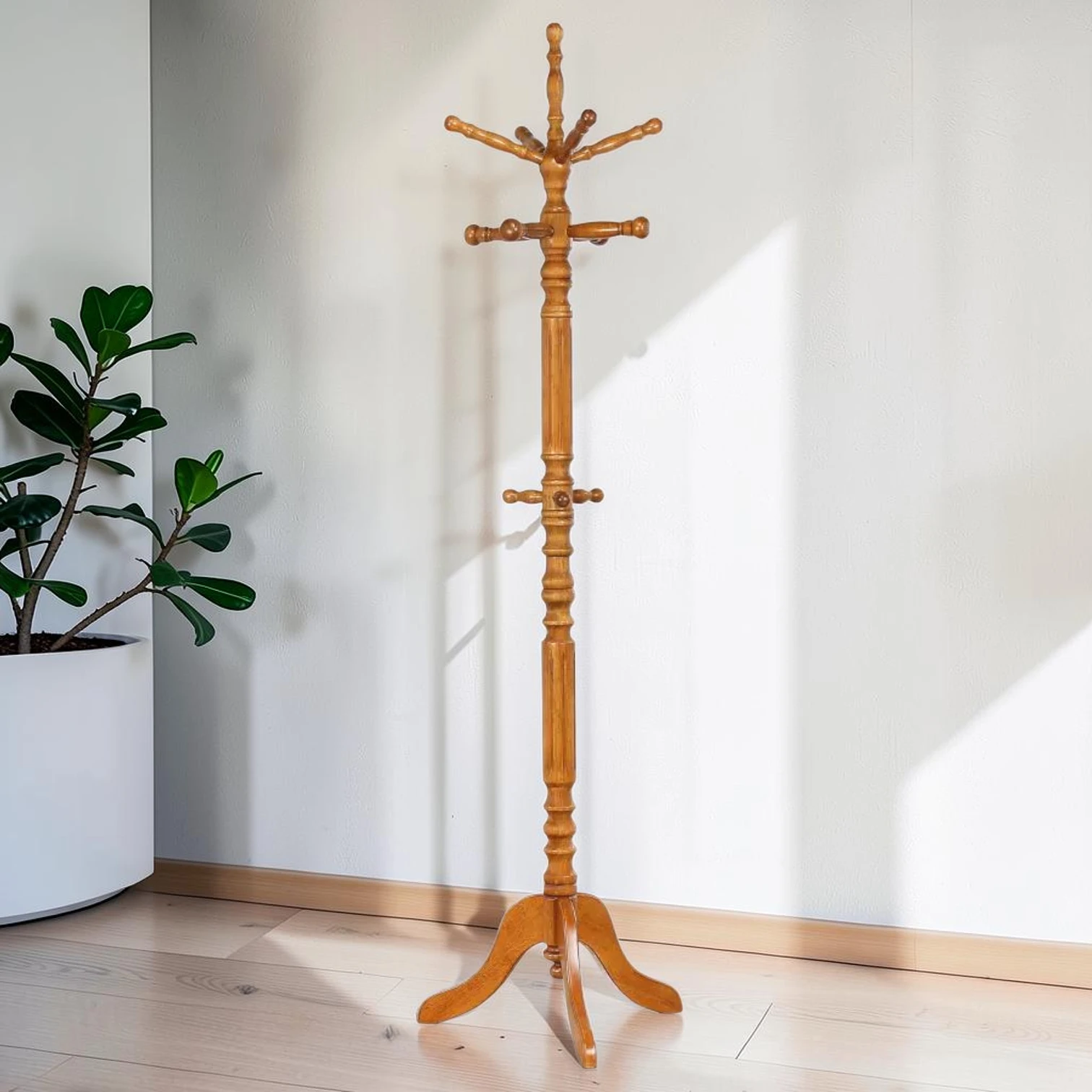 11-Hook Freestanding Coat Rack, Rubberwood Traditional Design, 74.75-Inch Tall