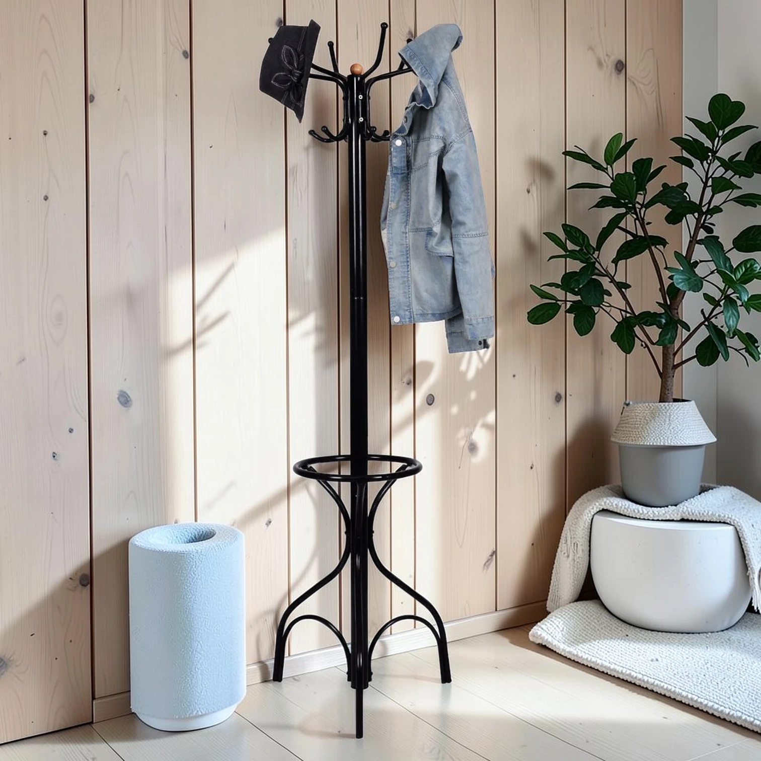 Vintage Metal Coat Hat Tree Stand, Steel Construction, 74.4 Inch Height
