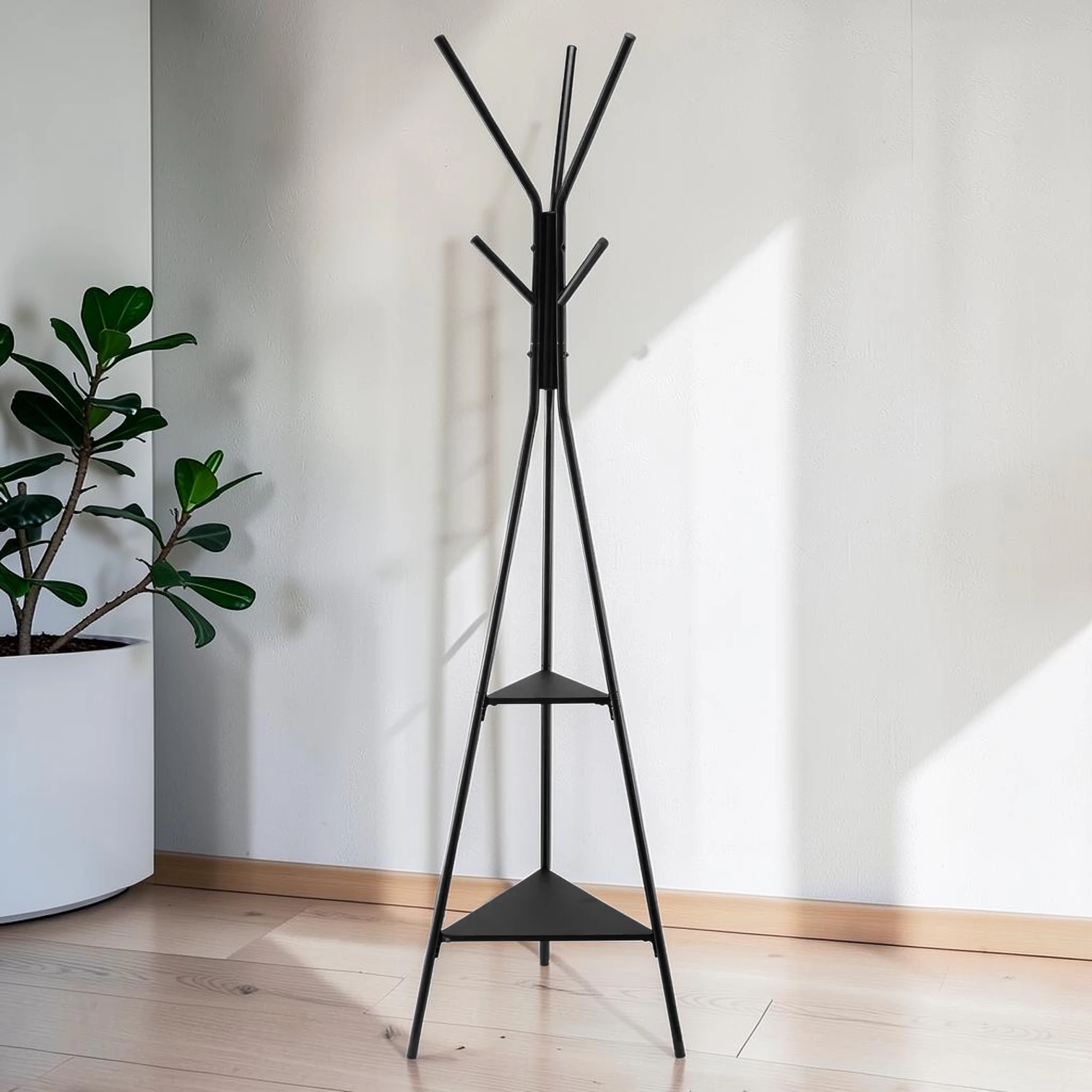 Freestanding Coat Rack, Carbon Steel Hall Tree with 2 Shelves & 6 Hooks, Modern Entryway Organizer