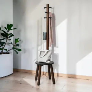 Pillar Coat Rack and Stool with 6 Hooks, Metal and designed Wood, 19.68-inch Diameter