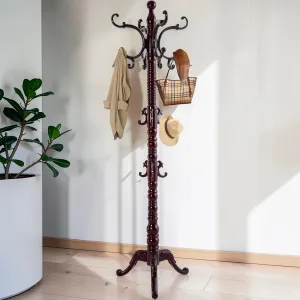 Freestanding Wooden Coat Rack, Birch Wood with 14 Hooks, 70-Inch Height