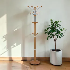 73-Inch Coat Rack, Chrome and Oak Finish Wood Freestanding Hall Tree
