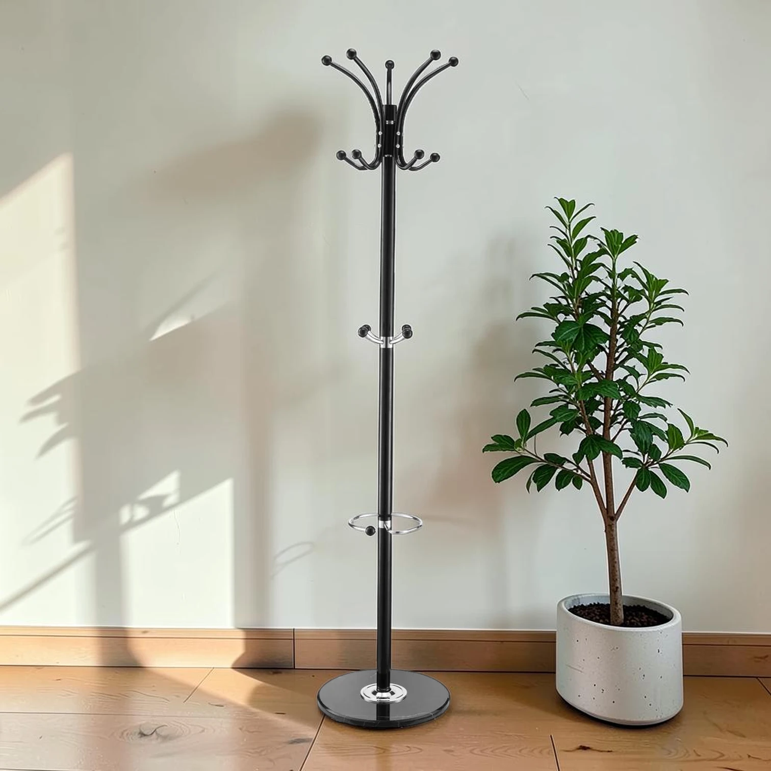 Freestanding Coat Rack, Metal Hall Tree with Umbrella Holder, Marble Base & 14 Hooks