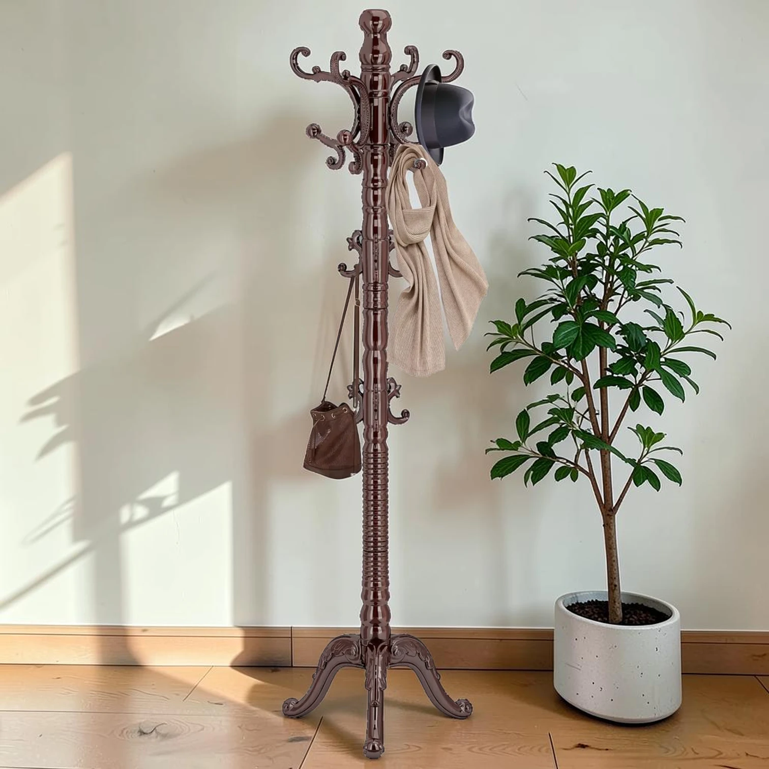 Wood Coat Rack Stand with 14 Hooks, Natural Birch, 29.12"L x 54"W x 52"H