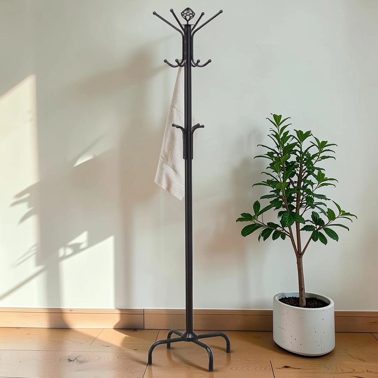 12-Hook Freestanding Coat Rack, Metal Entryway Hat Hanger, Black, 20.0"W x 20.0"D x 73.0"H