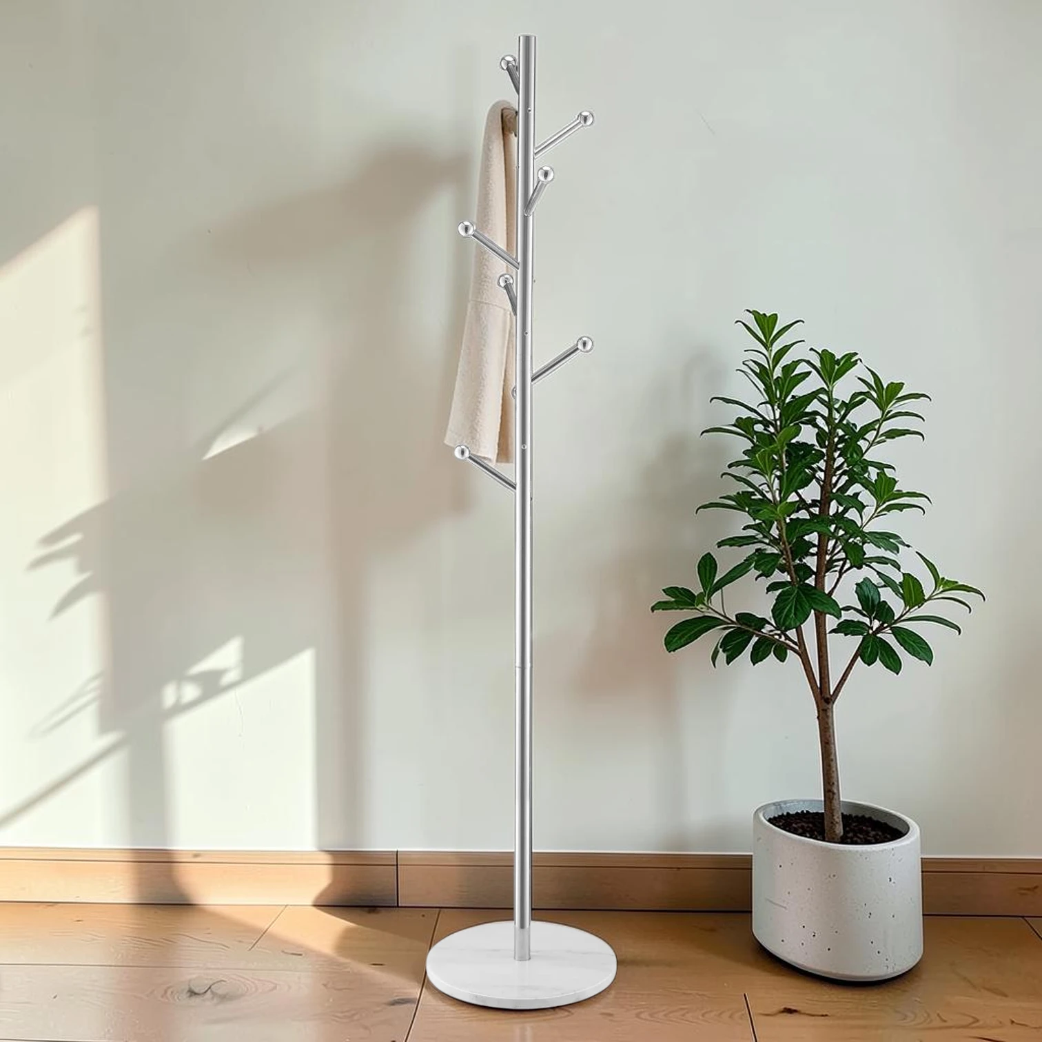 Freestanding Coat Rack, 8-Hook Hall Tree with Marble Base and Stainless Steel Rod