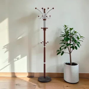 73-Inch Coat Rack, Chrome and Wood, Cherry Finish