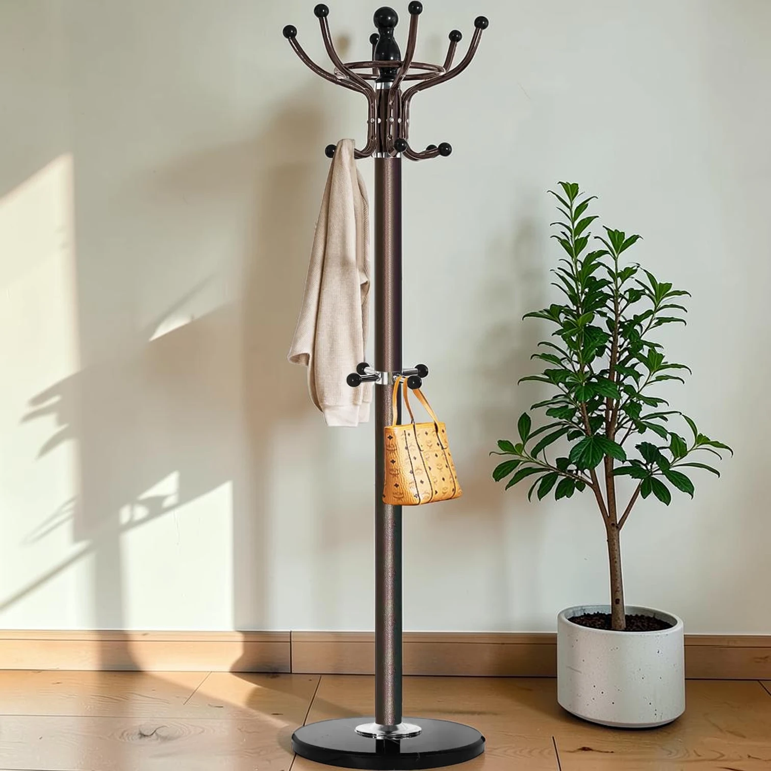 Freestanding Coat Rack, Alloy Steel Hall Tree with Marble Base, 70-inch Height