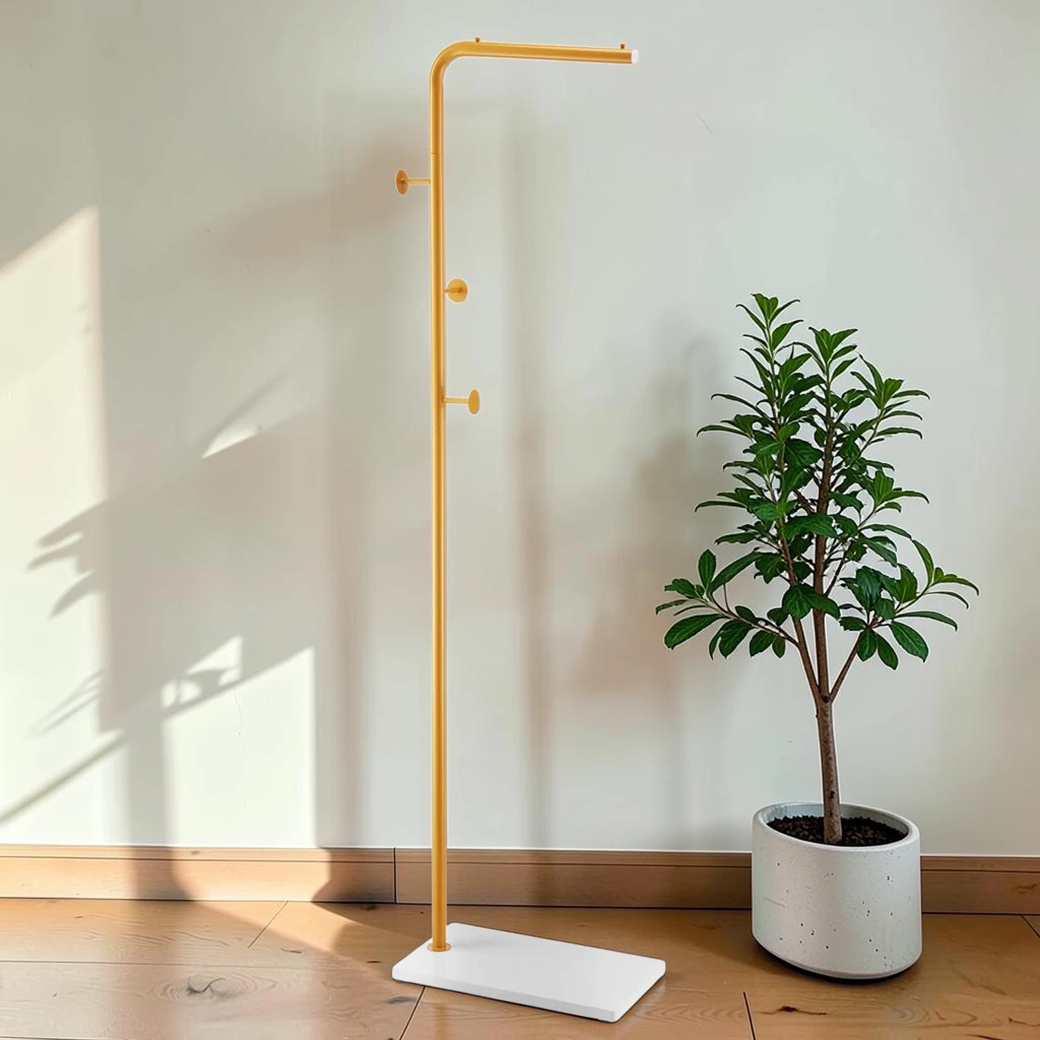 Freestanding Coat Rack, Carbon Steel Stand with Quartz Stone Base & 3 Round Hooks, Entryway Clothes Hanger for Coats, Hats, and Bags